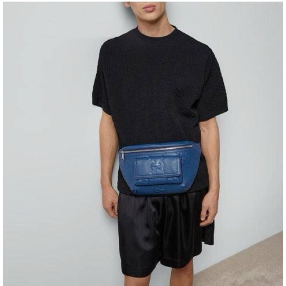 Gucci Blue Leather GG Embossed Belt Bag Crossbody Waist belt